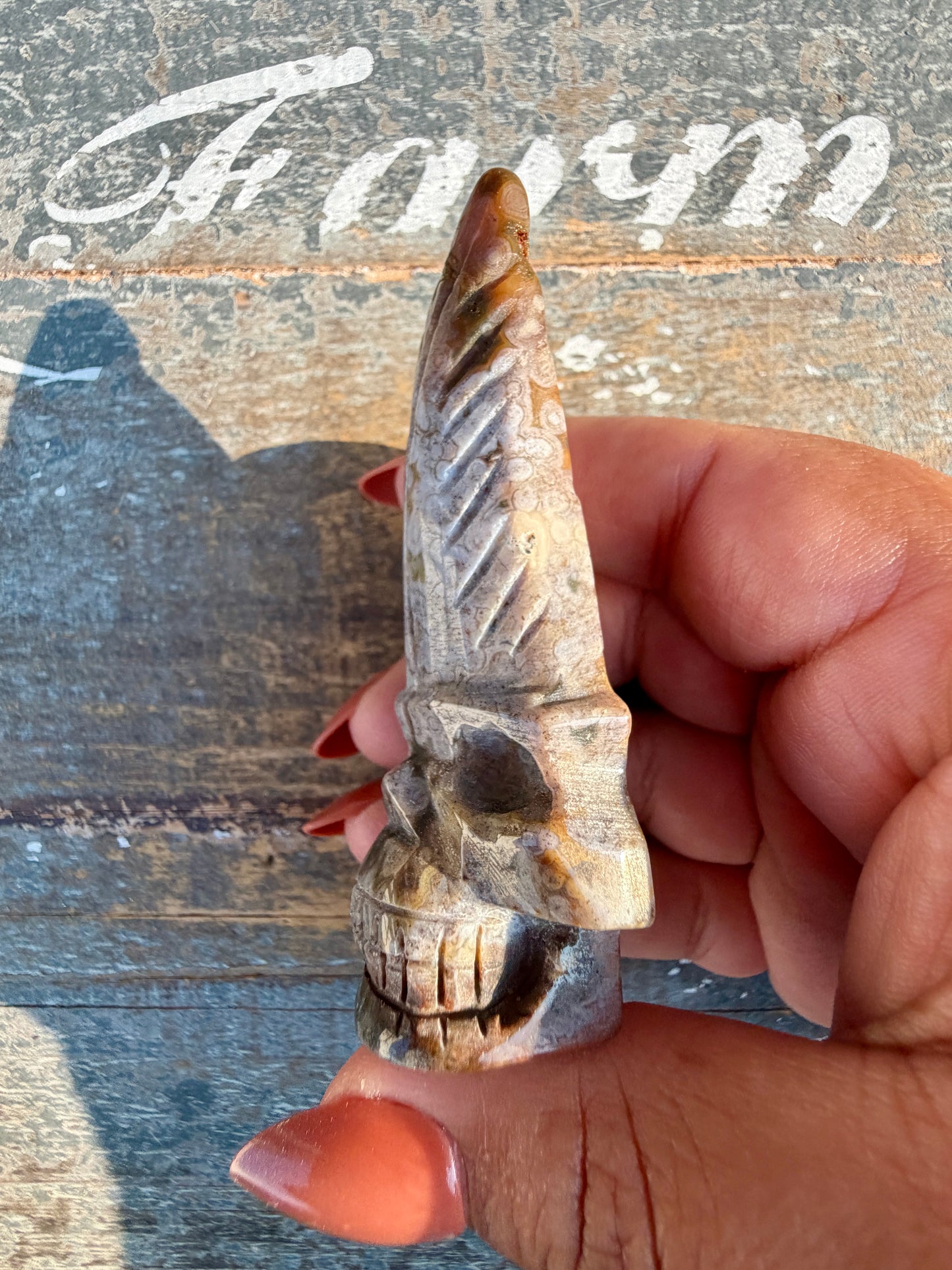 Gorgeous Ocean Jasper Hand Carved Skull w/ Feather | Opt 44