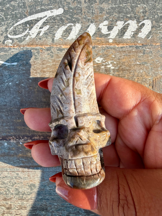 Gorgeous Ocean Jasper Hand Carved Skull w/ Feather | Opt 44