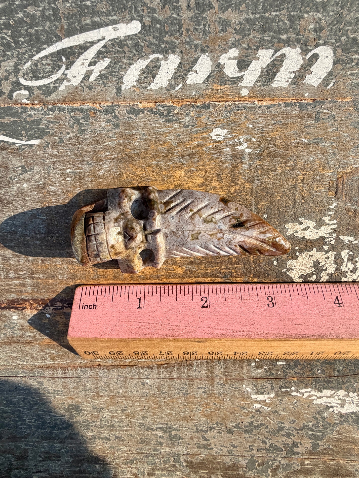 Gorgeous Ocean Jasper Hand Carved Skull w/ Feather | Opt 44