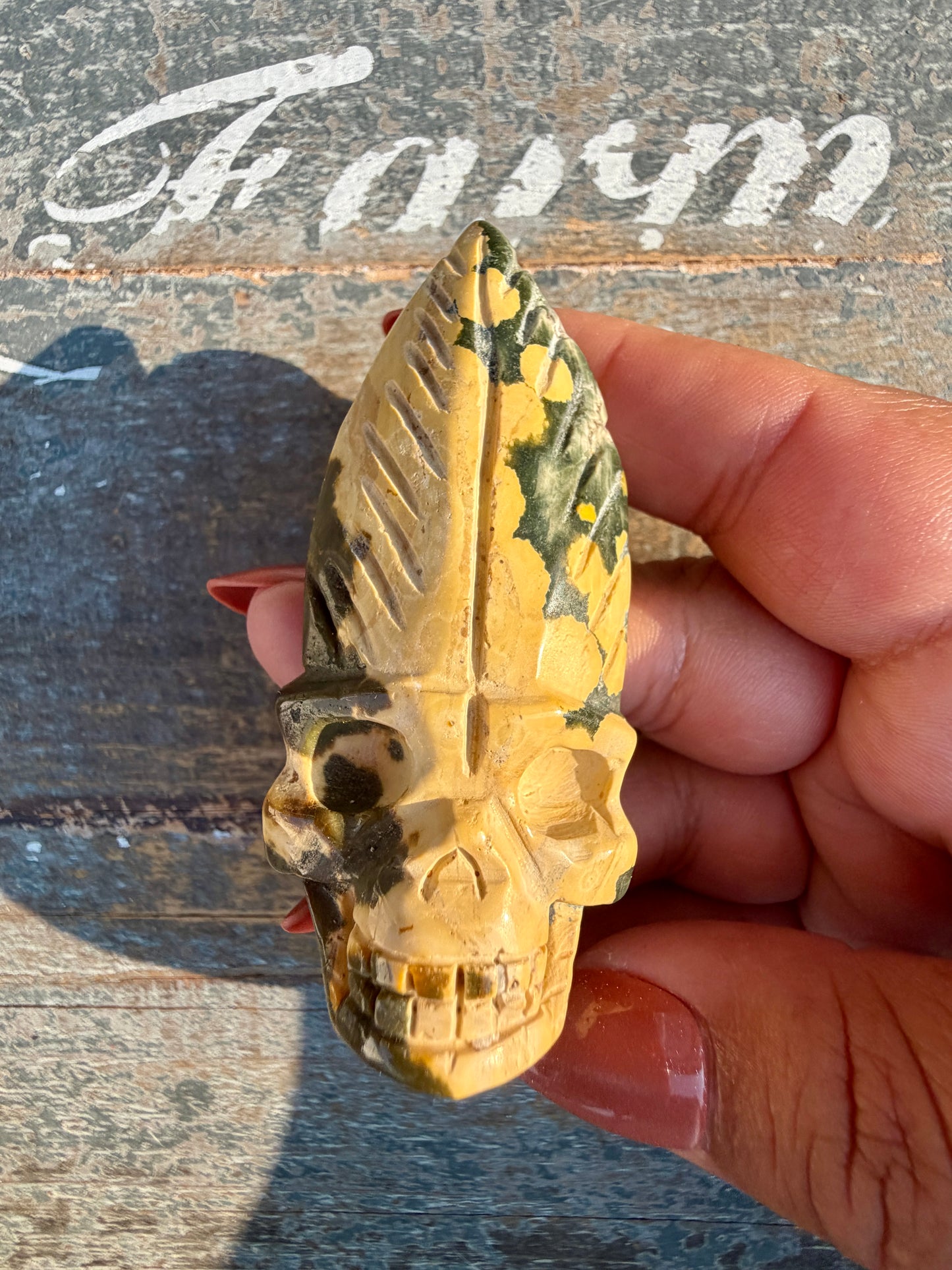 Gorgeous Ocean Jasper Hand Carved Skull w/ Feather | Opt 36
