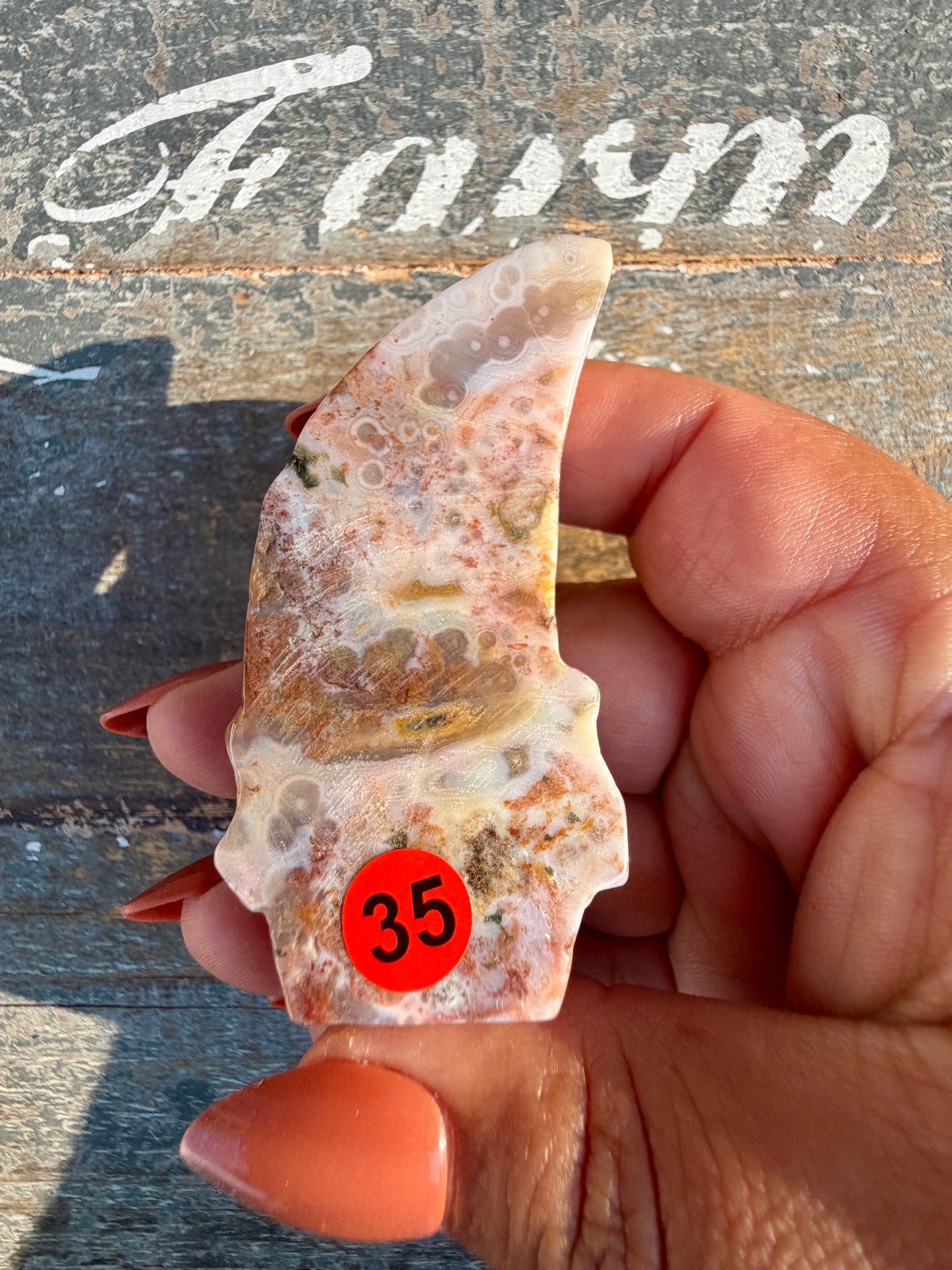 Gorgeous Ocean Jasper Hand Carved Skull w/ Feather | Opt 35