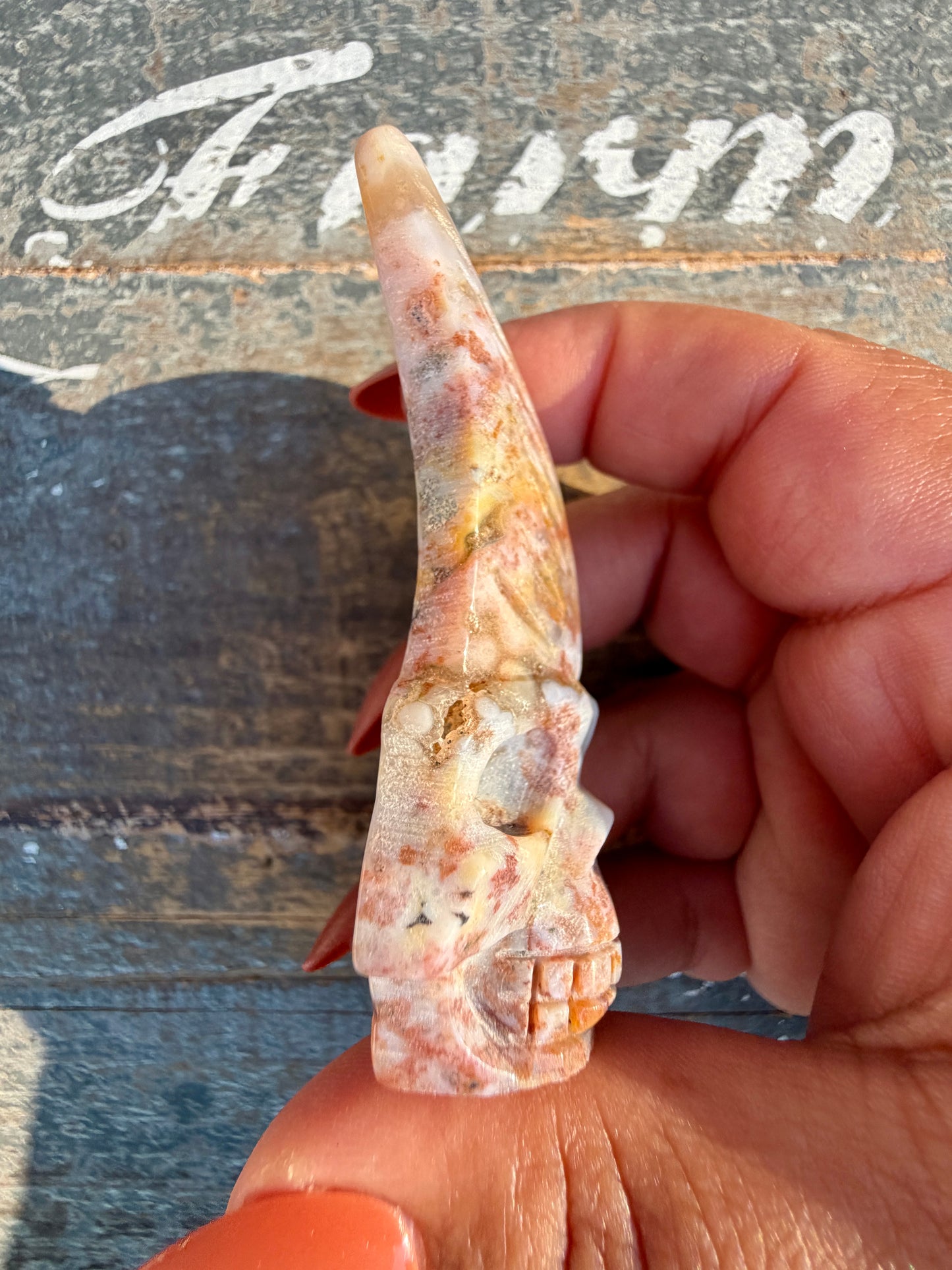 Gorgeous Ocean Jasper Hand Carved Skull w/ Feather | Opt 35