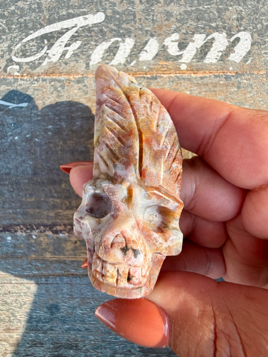 Gorgeous Ocean Jasper Hand Carved Skull w/ Feather | Opt 35