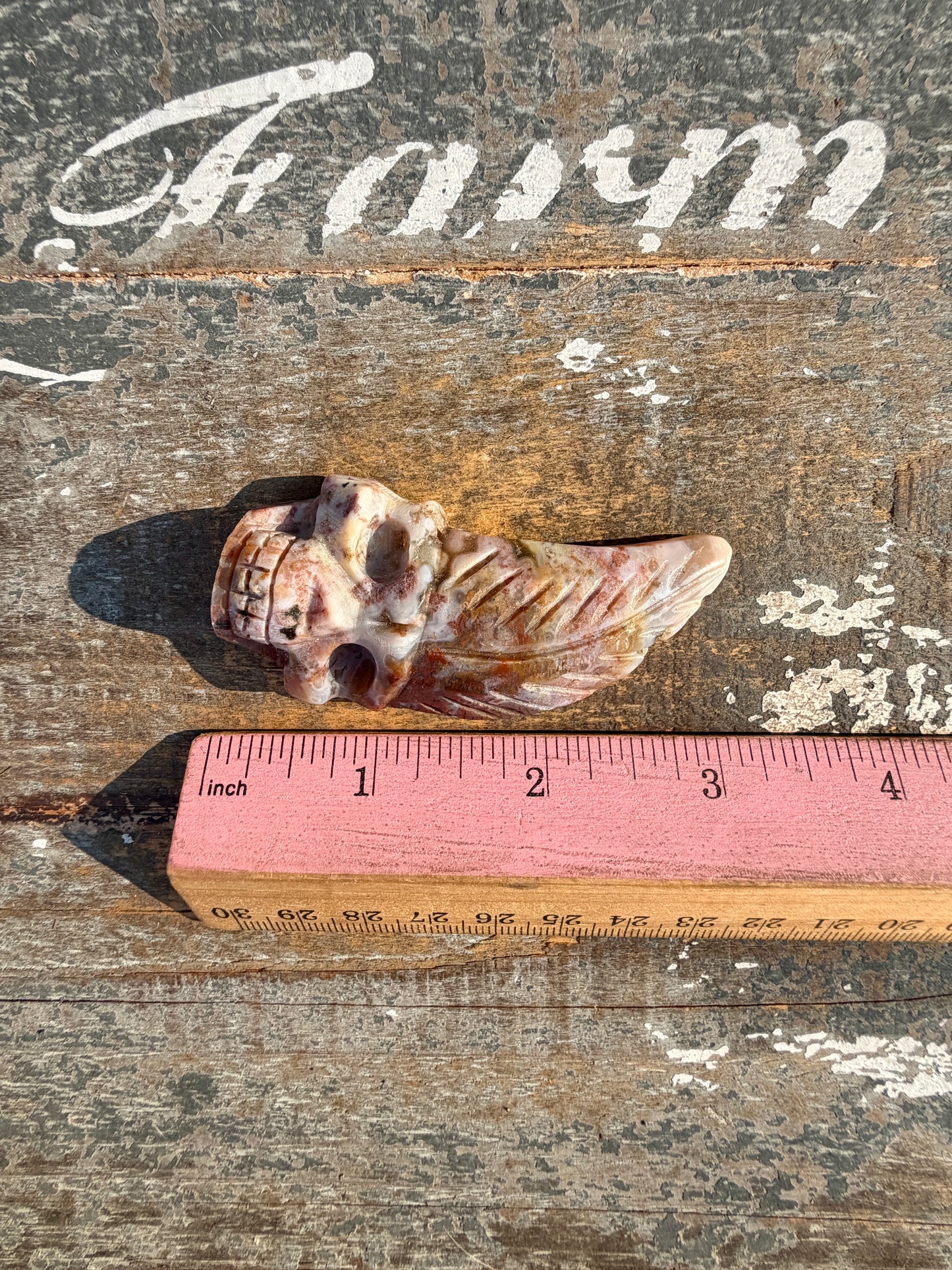 Gorgeous Ocean Jasper Hand Carved Skull w/ Feather | Opt 35