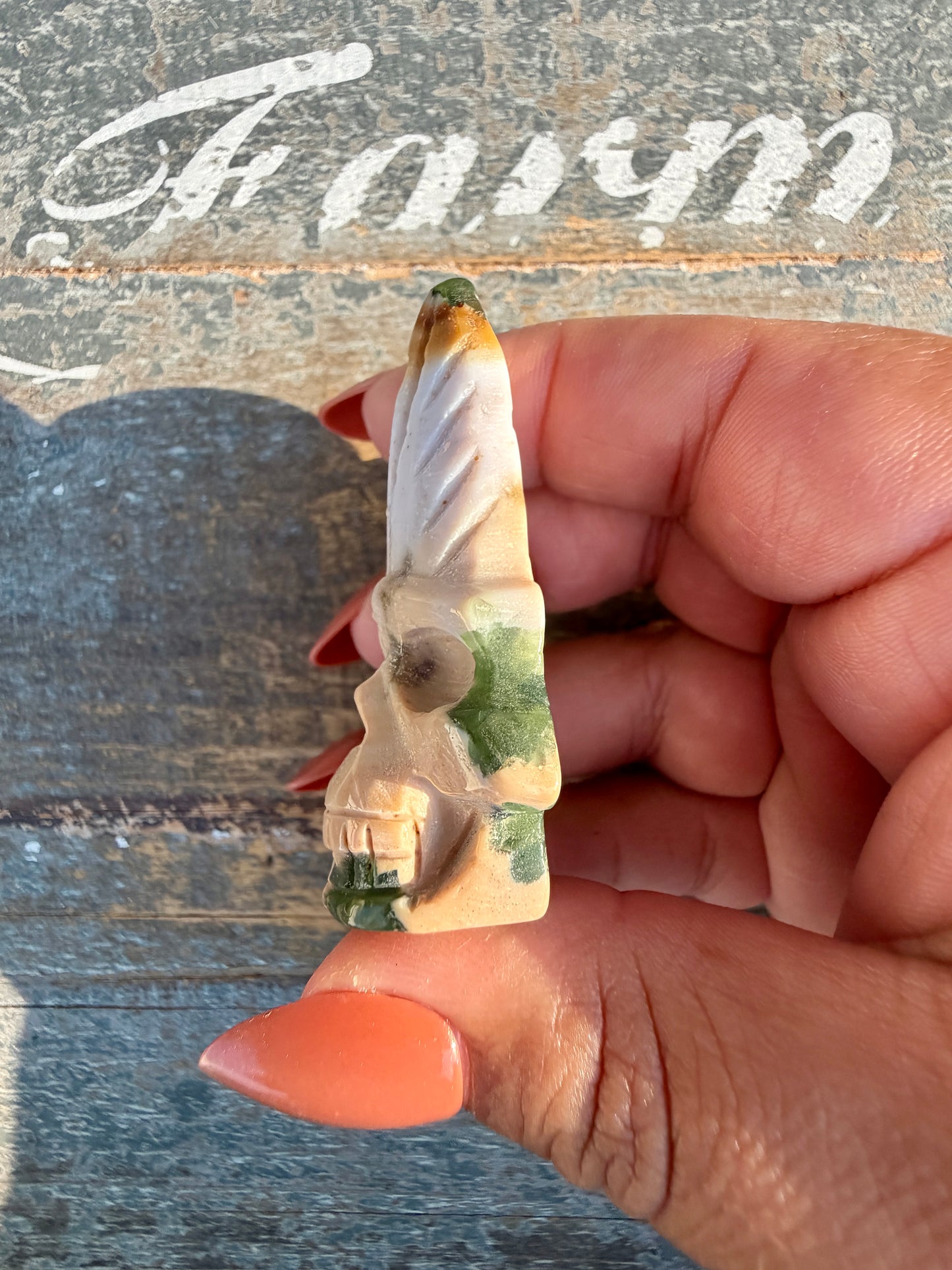 Gorgeous Ocean Jasper Hand Carved Skull w/ Feather | Opt 34