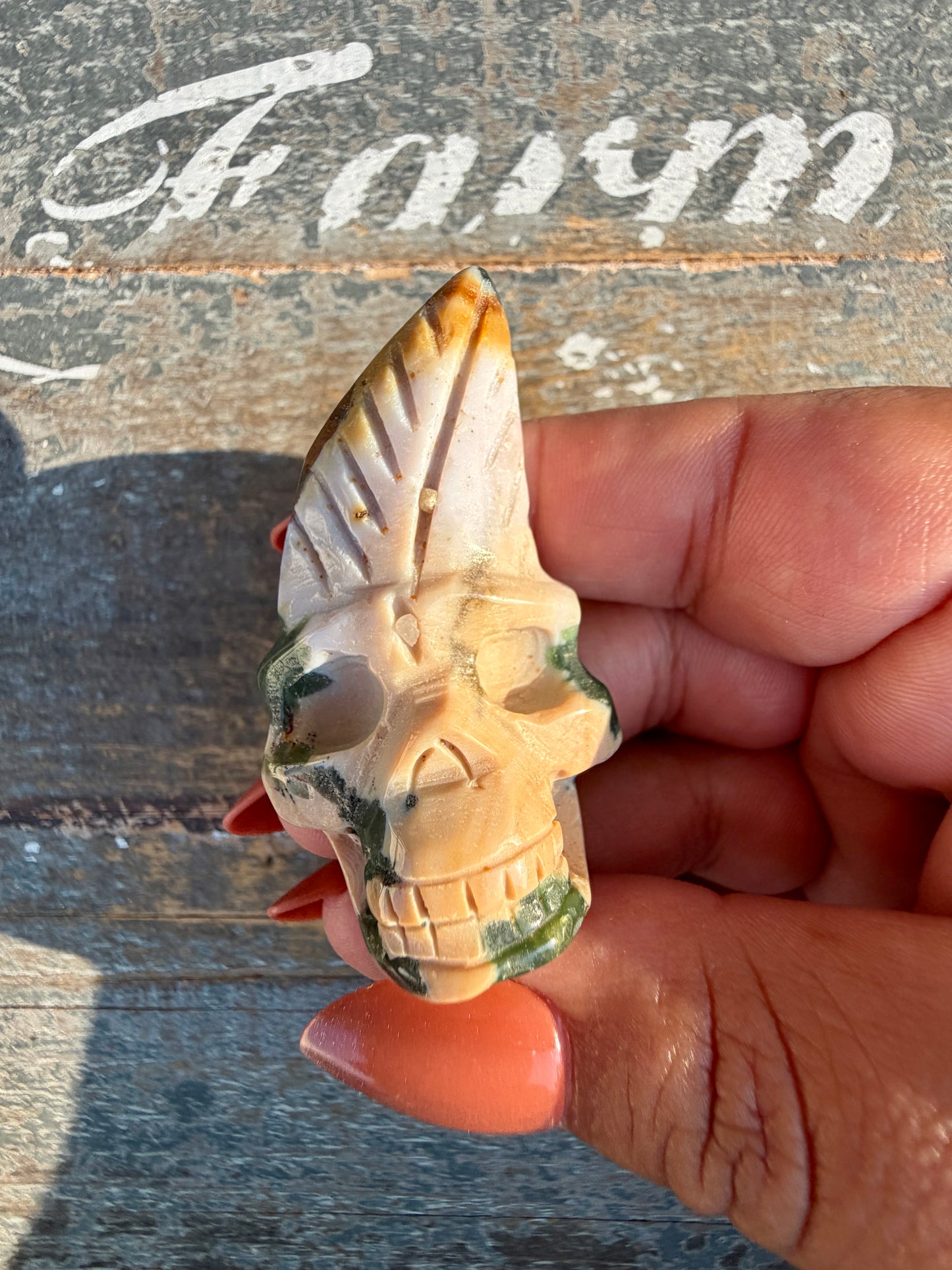 Gorgeous Ocean Jasper Hand Carved Skull w/ Feather | Opt 34
