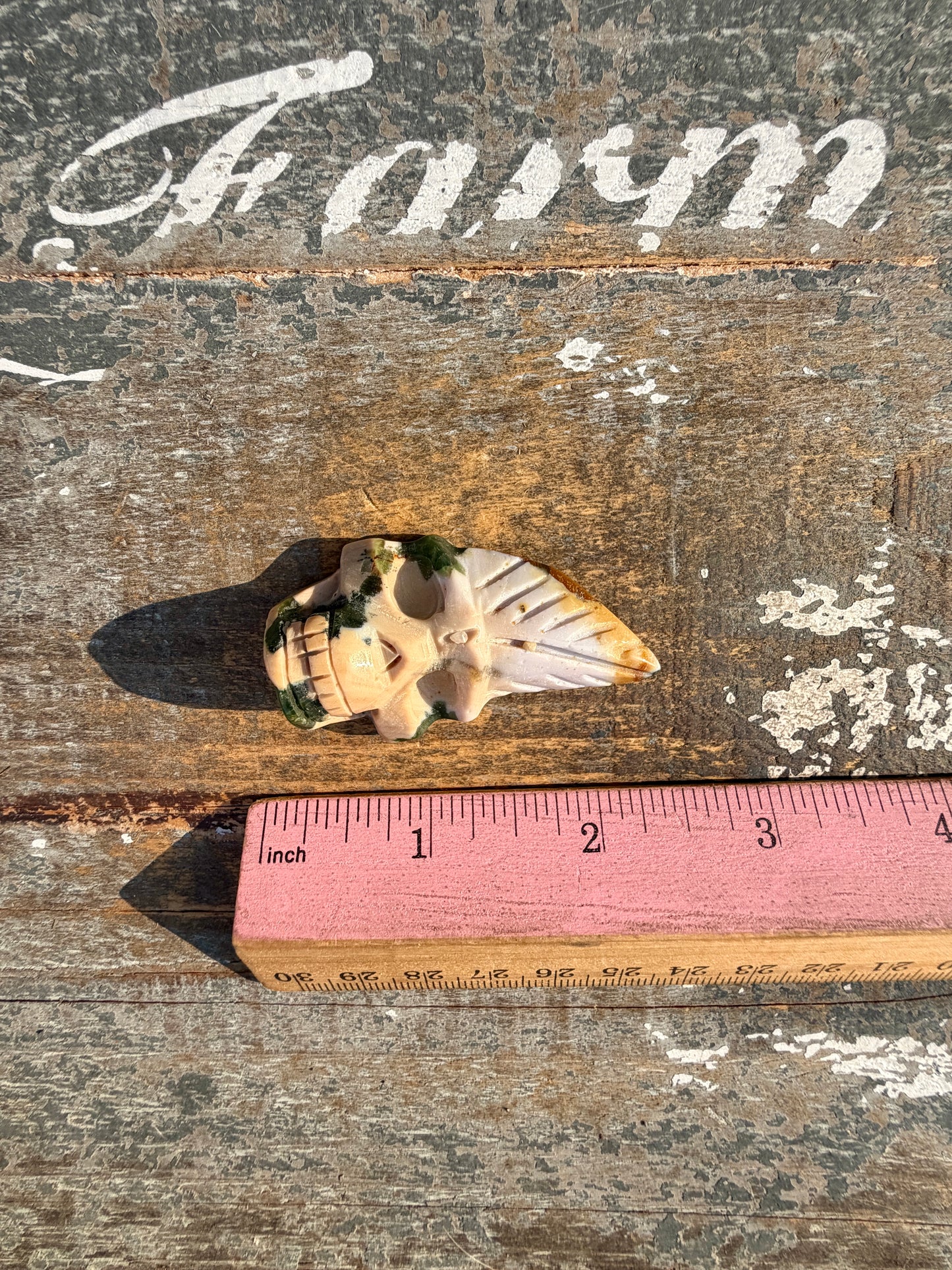 Gorgeous Ocean Jasper Hand Carved Skull w/ Feather | Opt 34