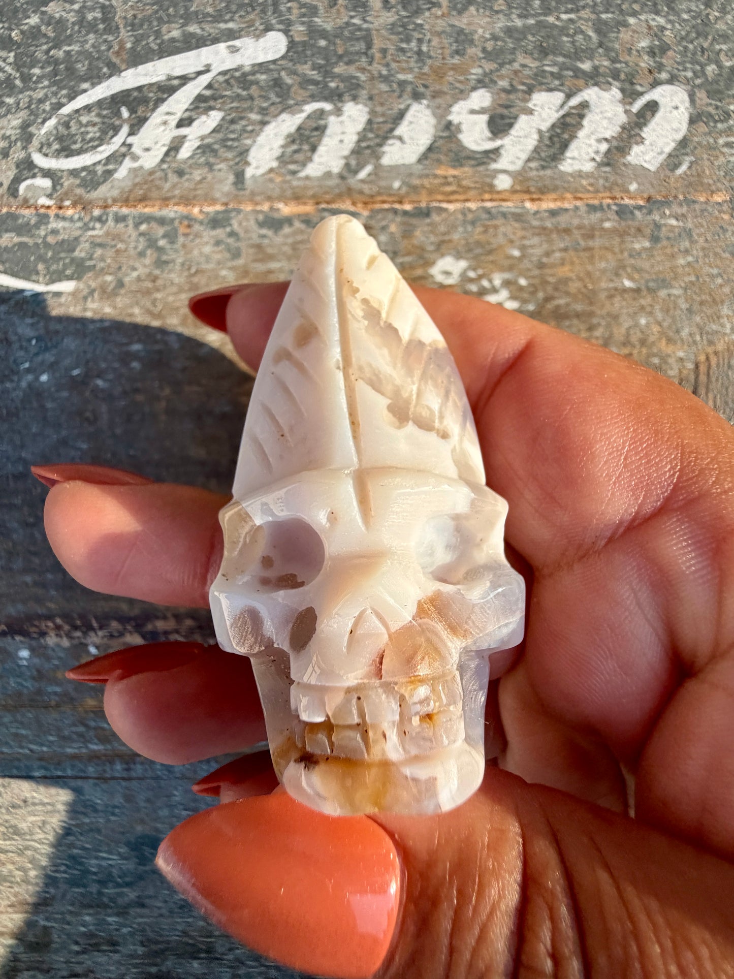Gorgeous Ocean Jasper Hand Carved Skull w/ Feather | Opt 51