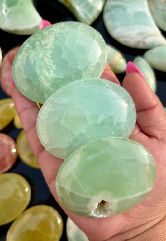 One (1) Pistachio Calcite Palm Stone from Pakistan | Intuitively Chosen