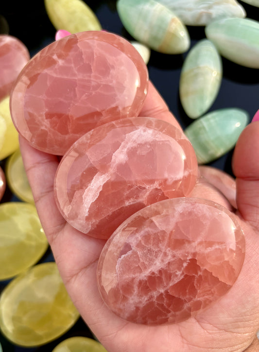 One (1) Rose Calcite Palm Stone from Pakistan | Intuitively Chosen