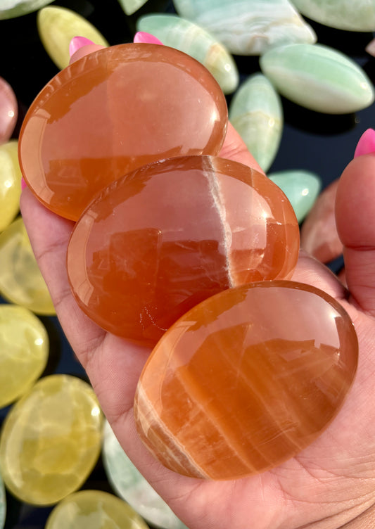 One (1) Dark Honey Calcite Palm Stone from Pakistan | Intuitively Chosen