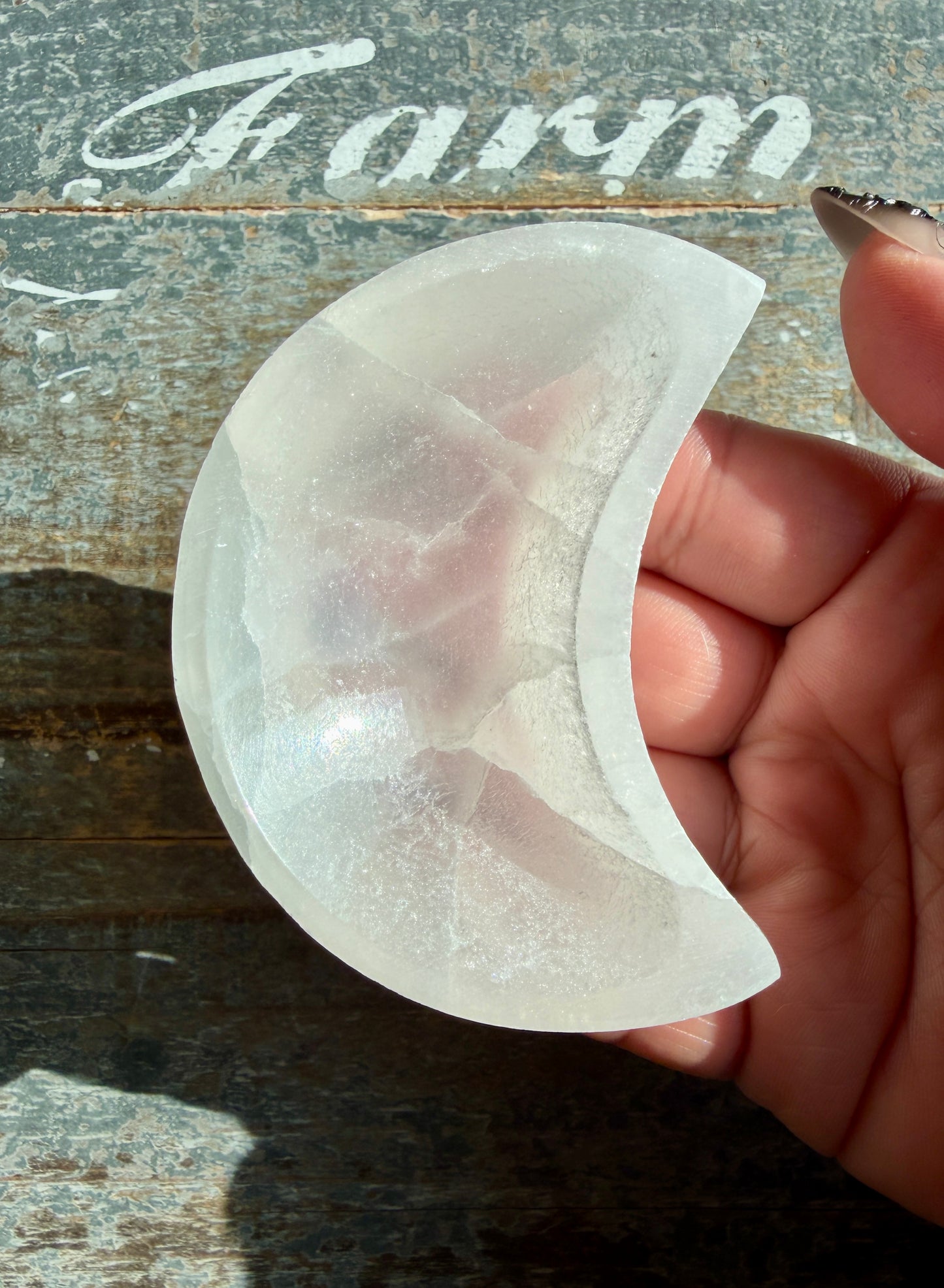One (1) Satin Spar (selentine) Moon Bowl | Small