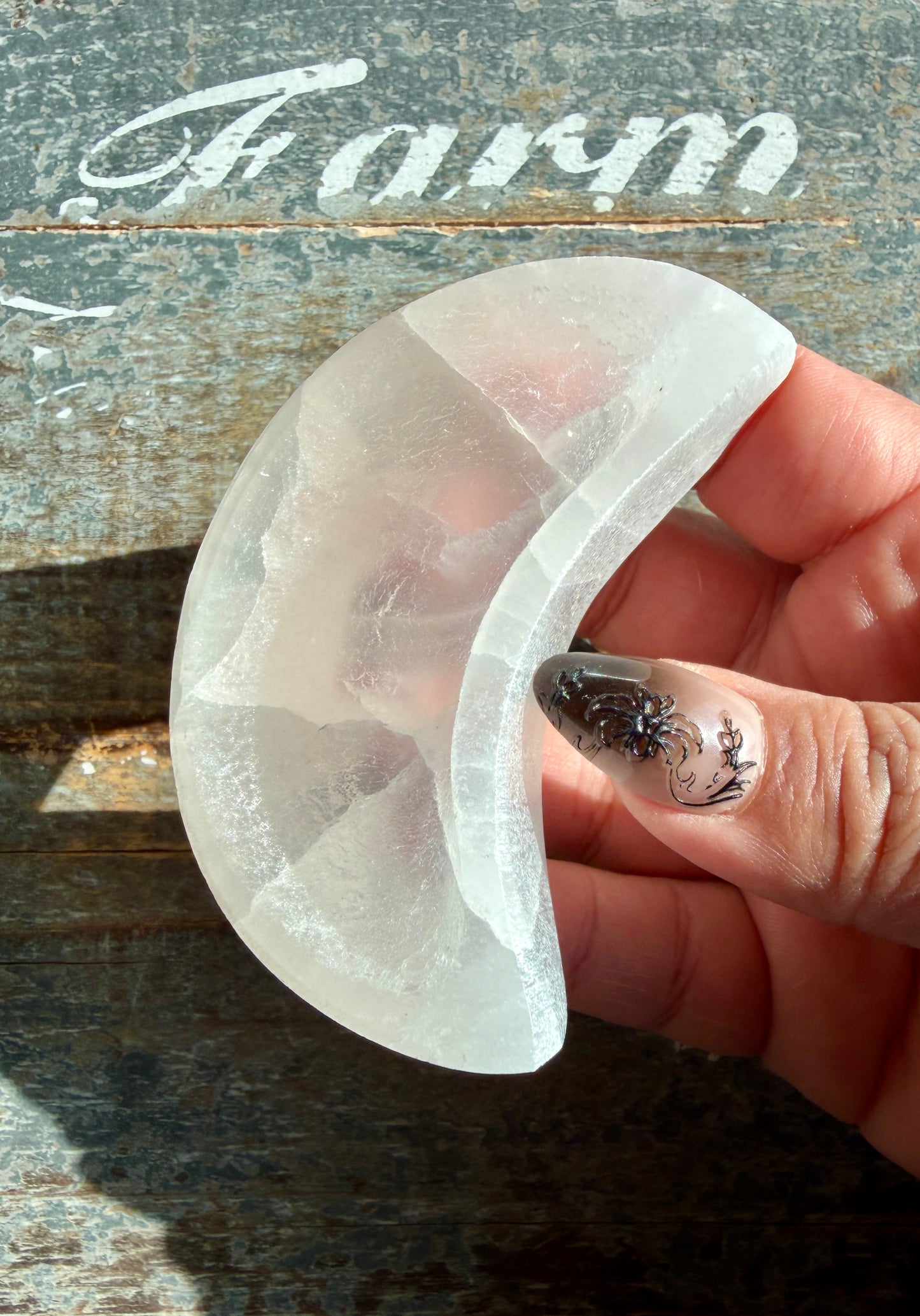 One (1) Satin Spar (selentine) Moon Bowl | Small