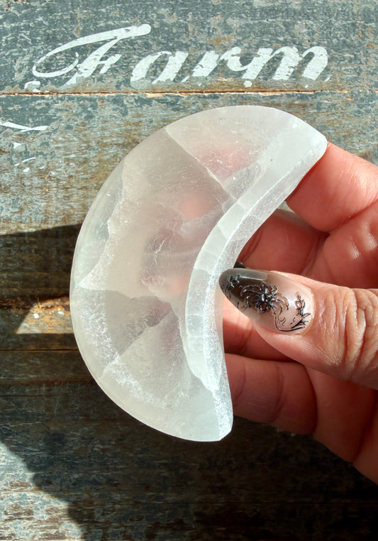 One (1) Satin Spar (selentine) Moon Bowl | Small