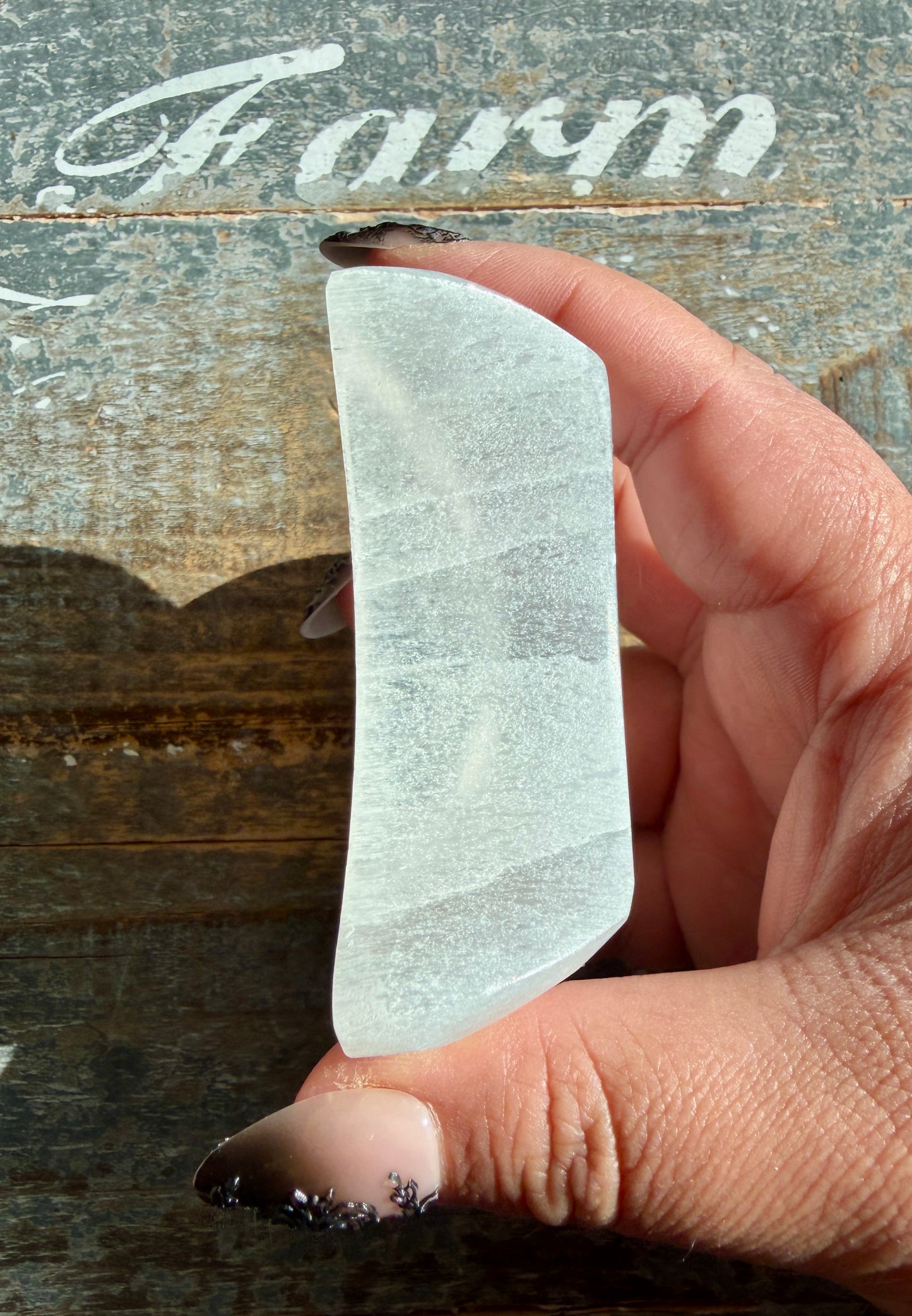 One (1) Satin Spar (selentine) Moon Bowl | Small