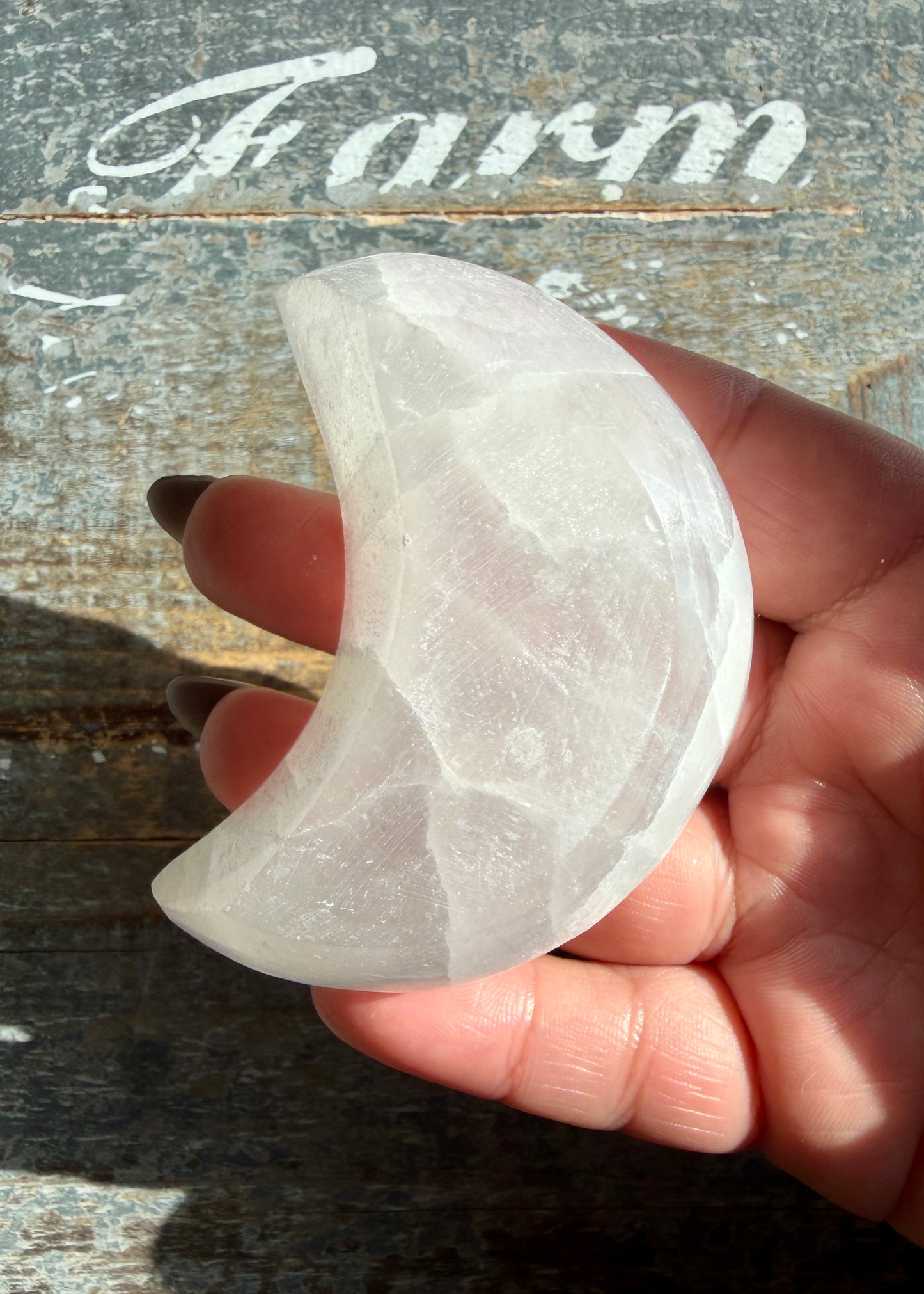 One (1) Satin Spar (selentine) Moon Bowl | Small