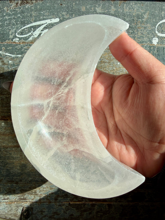 One (1) Satin Spar (selentine) Moon Bowl | Medium