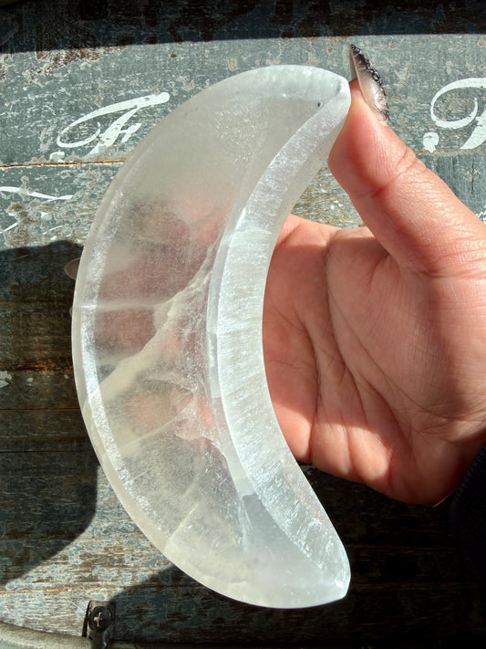 One (1) Satin Spar (selentine) Moon Bowl | Medium