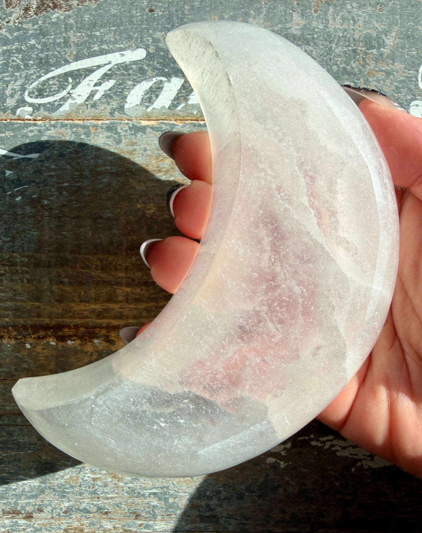 One (1) Satin Spar (selentine) Moon Bowl | Medium