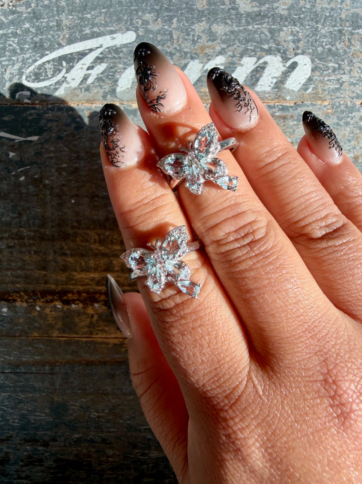 One (1) Gorgeous Aquamarine Butterfly Adjustable Ring | 925 Sterling Silver