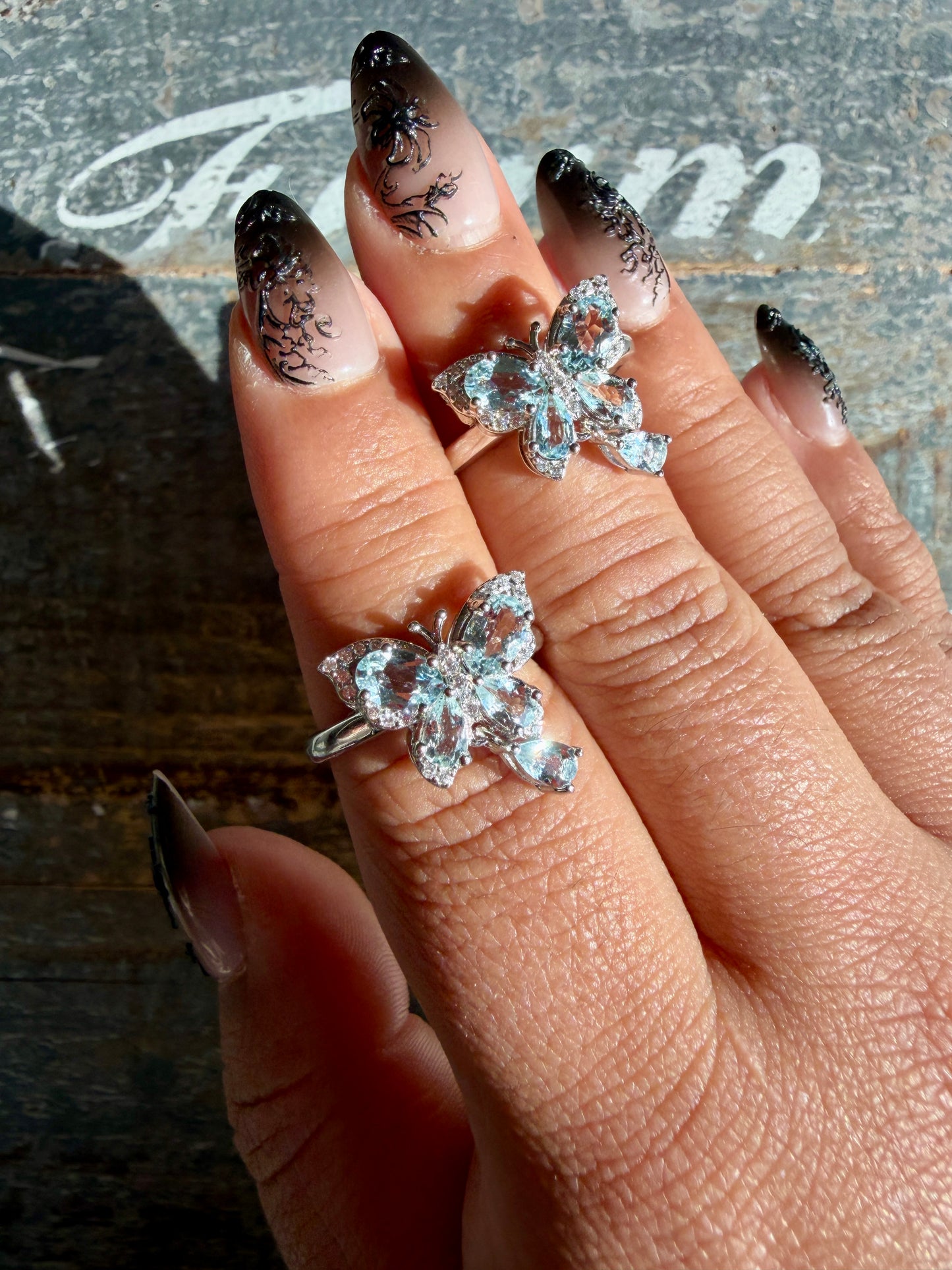 One (1) Gorgeous Aquamarine Butterfly Adjustable Ring | 925 Sterling Silver