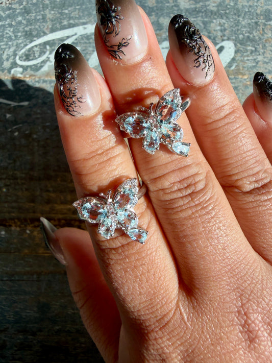 One (1) Gorgeous Aquamarine Butterfly Adjustable Ring | 925 Sterling Silver