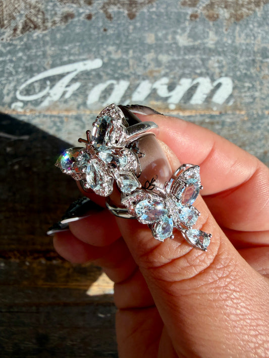 One (1) Gorgeous Aquamarine Butterfly Adjustable Ring | 925 Sterling Silver