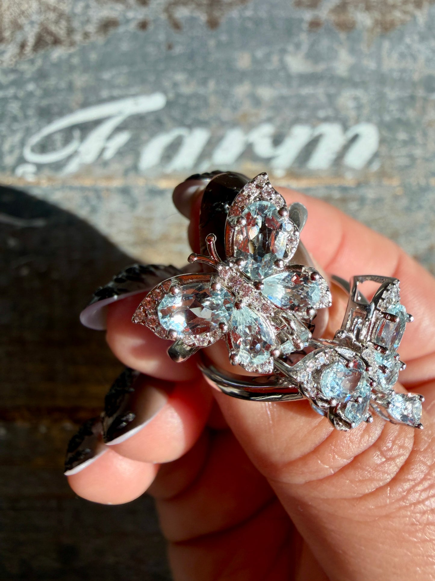 One (1) Gorgeous Aquamarine Butterfly Adjustable Ring | 925 Sterling Silver