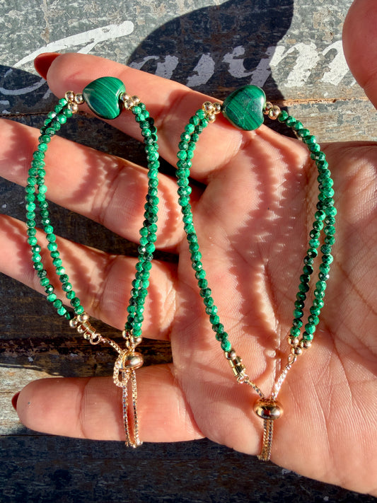 One (1) Malachite Heart Charm Bracelet | Adjustable
