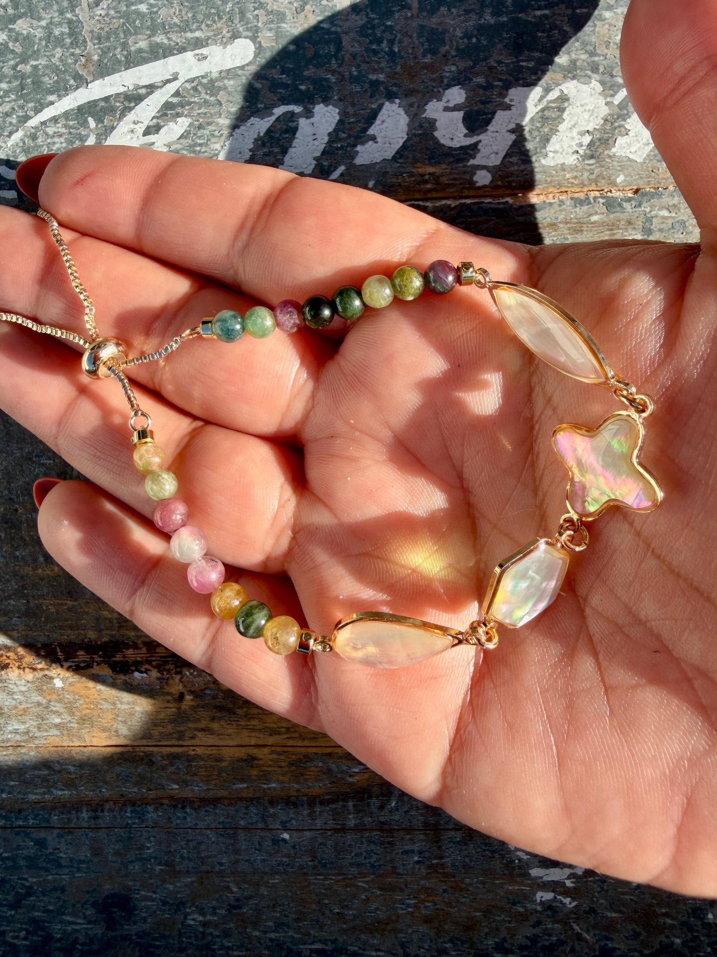 One (1) Tourmaline with Shell Bracelet | Adjustable