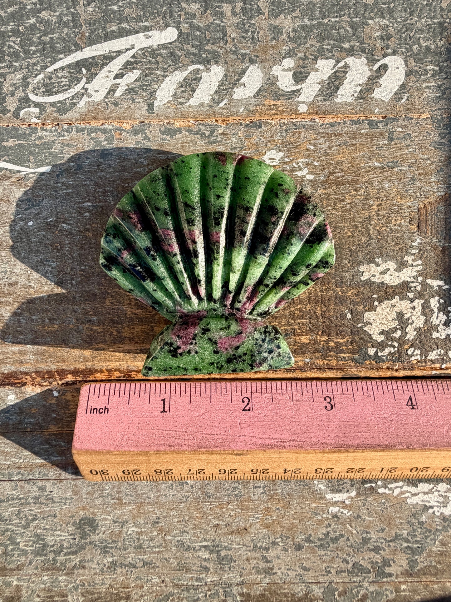 One (1) Gorgeous Ruby in Zoisite Scallop Shell | Intuitively Chosen | UV Reactive (self standing)