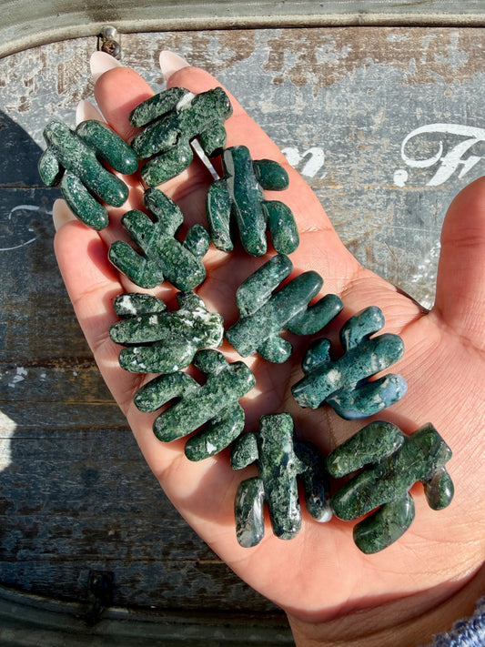 One (1) Adorable Moss Agate Cactus Carving | Intuitively Chosen