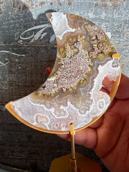 Gorgeous Indonesian Scenic Moss Agate Moon On Stand | Opt 29