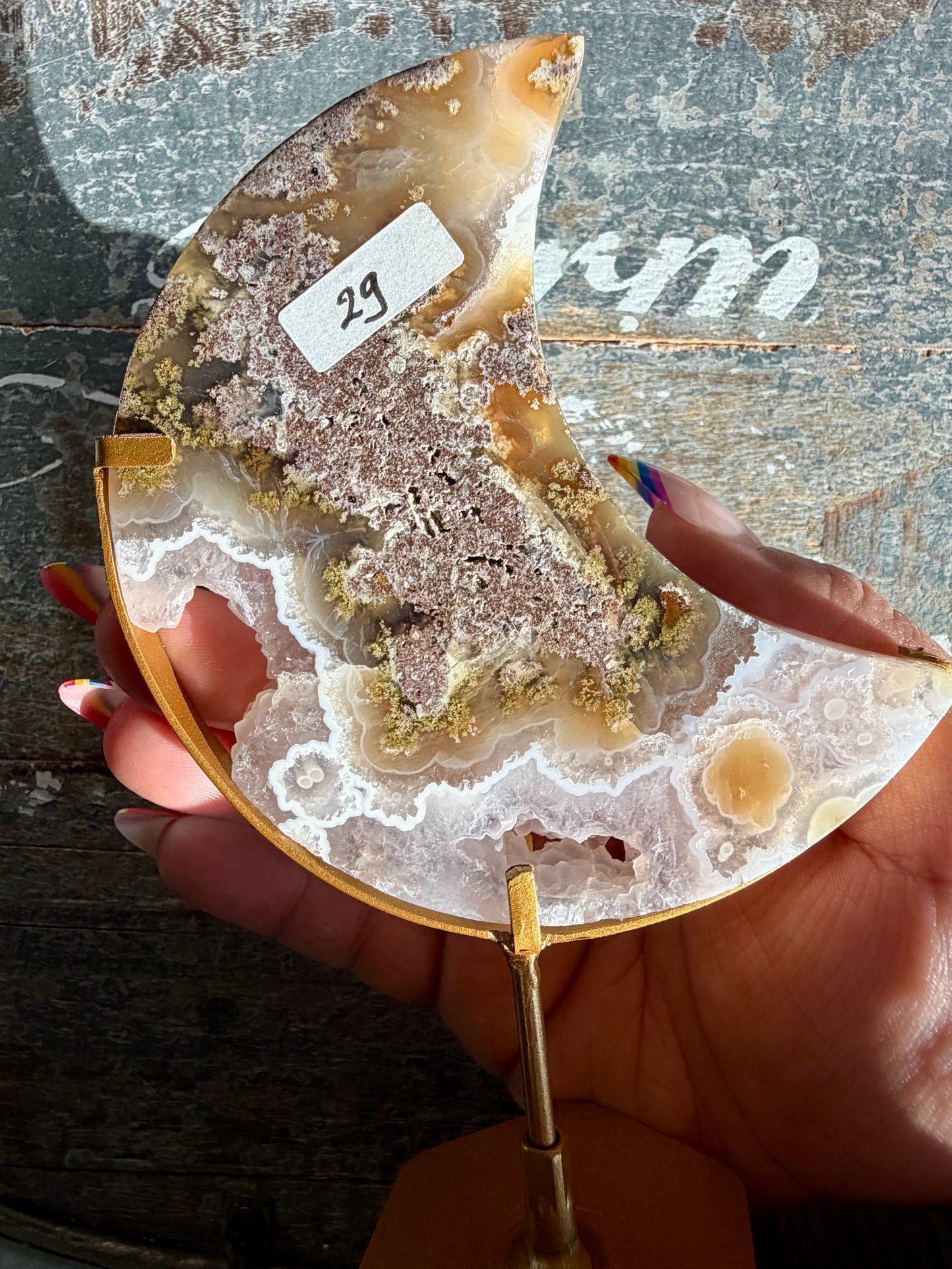 Gorgeous Indonesian Scenic Moss Agate Moon On Stand | Opt 29