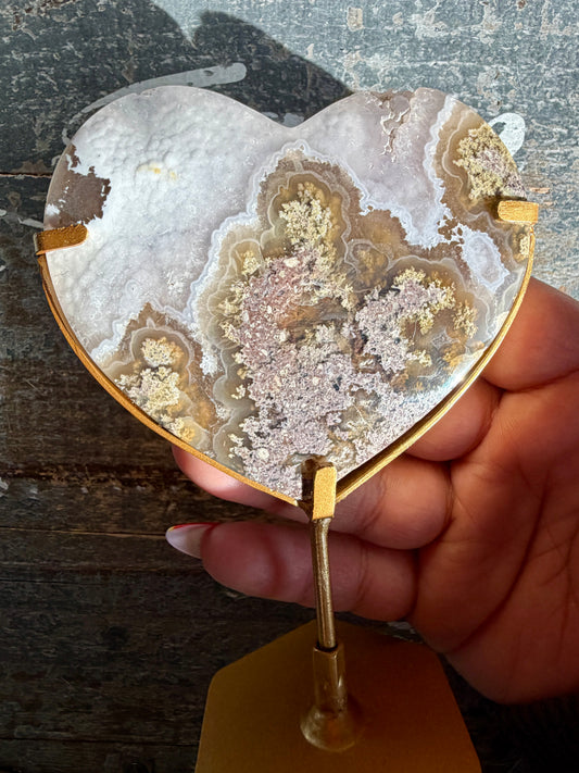 Gorgeous Indonesian Scenic Moss Agate Heart on Stand | Opt 2