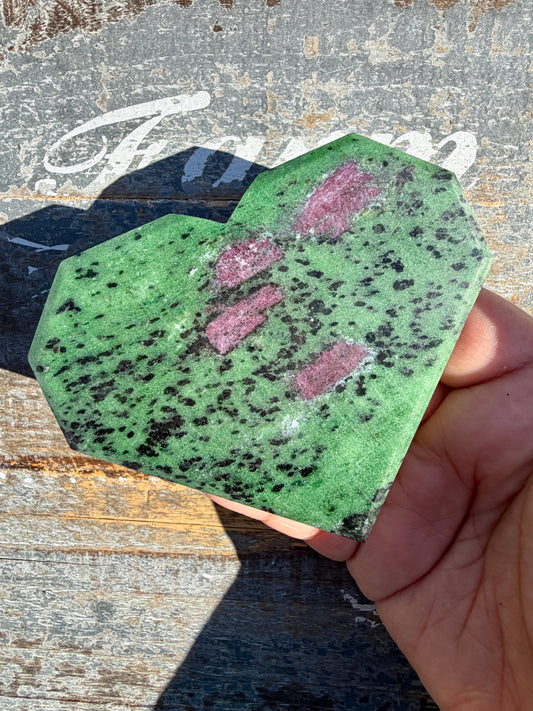 Gorgeous Ruby In Fuchsite Faceted Flat Heart | Opt 61