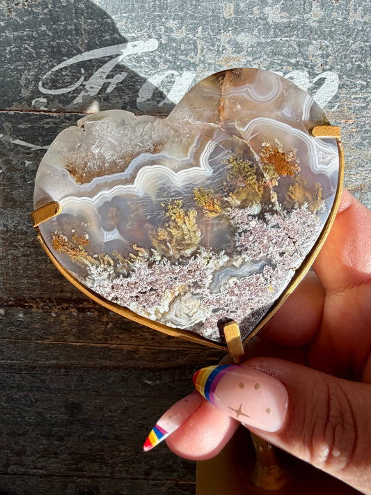 Gorgeous Indonesian Scenic Moss Agate Heart on Stand | Opt 18