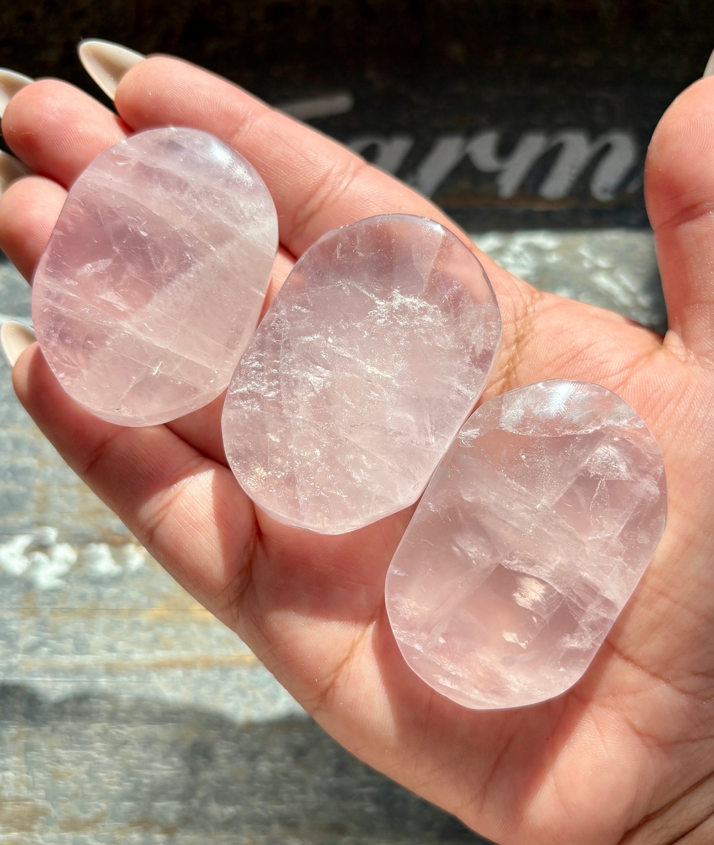 Gorgeous Set of 3 Mini Jelly Lavender Rose Quartz Palm Stone from Madagascar