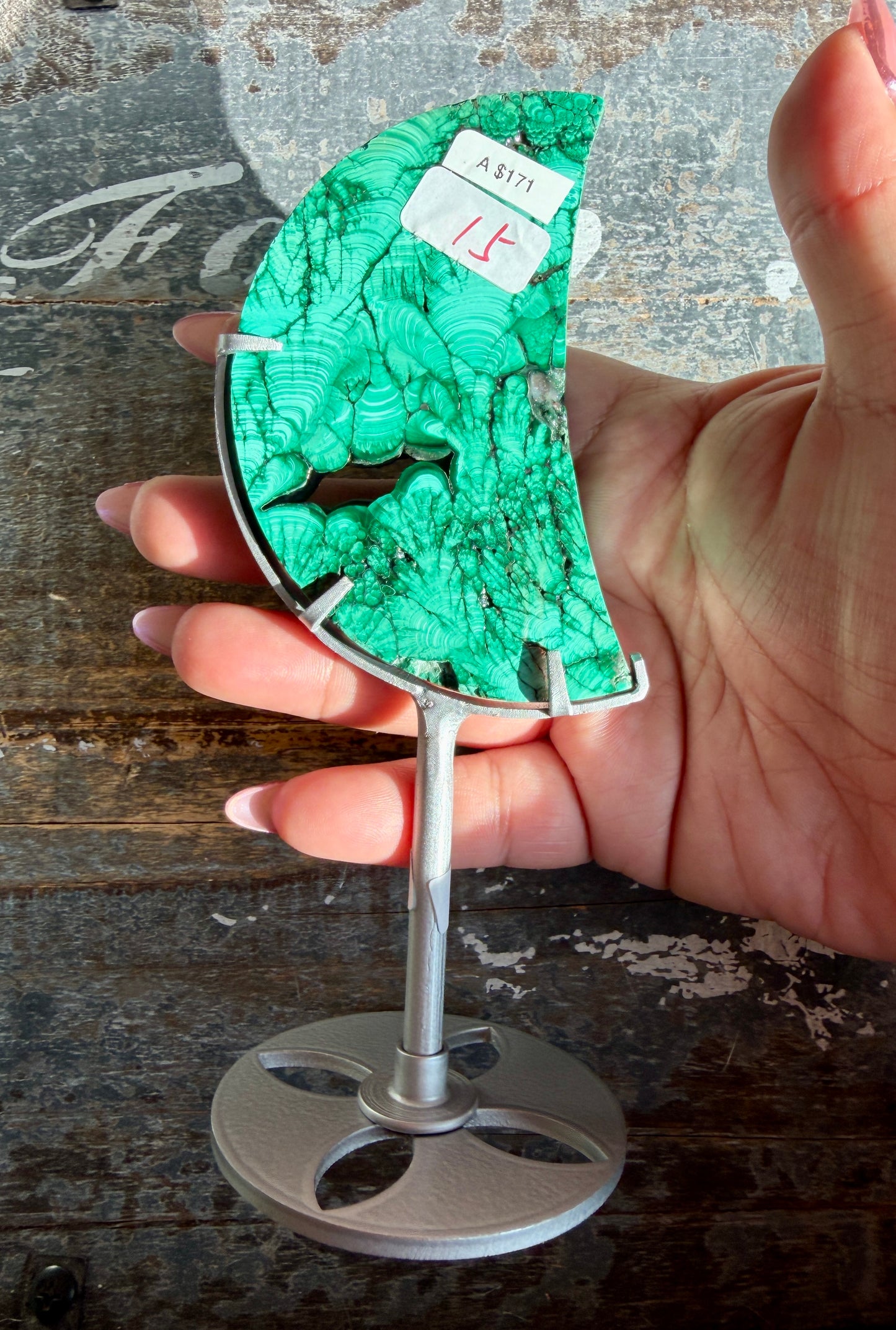 Gorgeous Malachite Moon with Silver Stand | Opt A