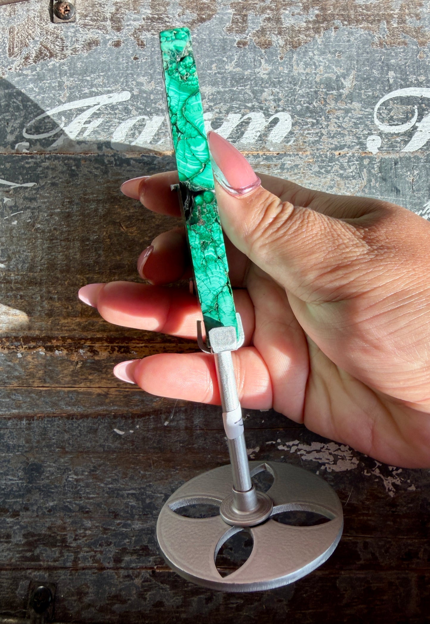 Gorgeous Malachite Moon with Silver Stand | Opt A