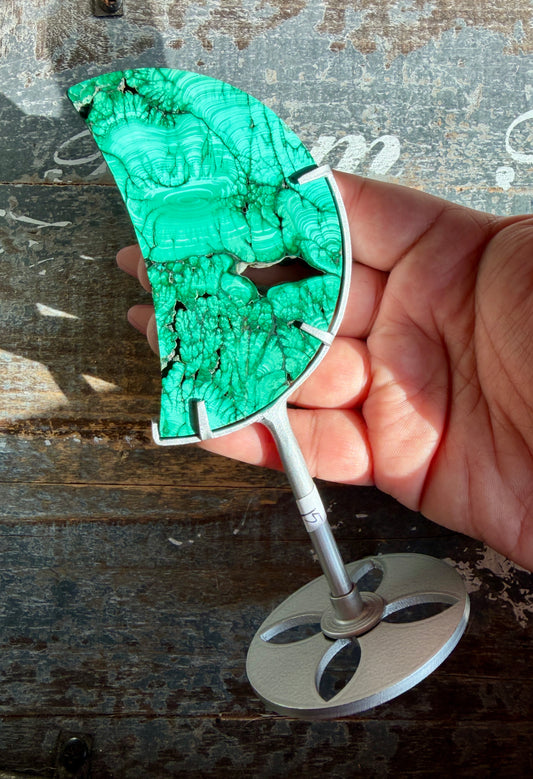 Gorgeous Malachite Moon with Silver Stand | Opt A