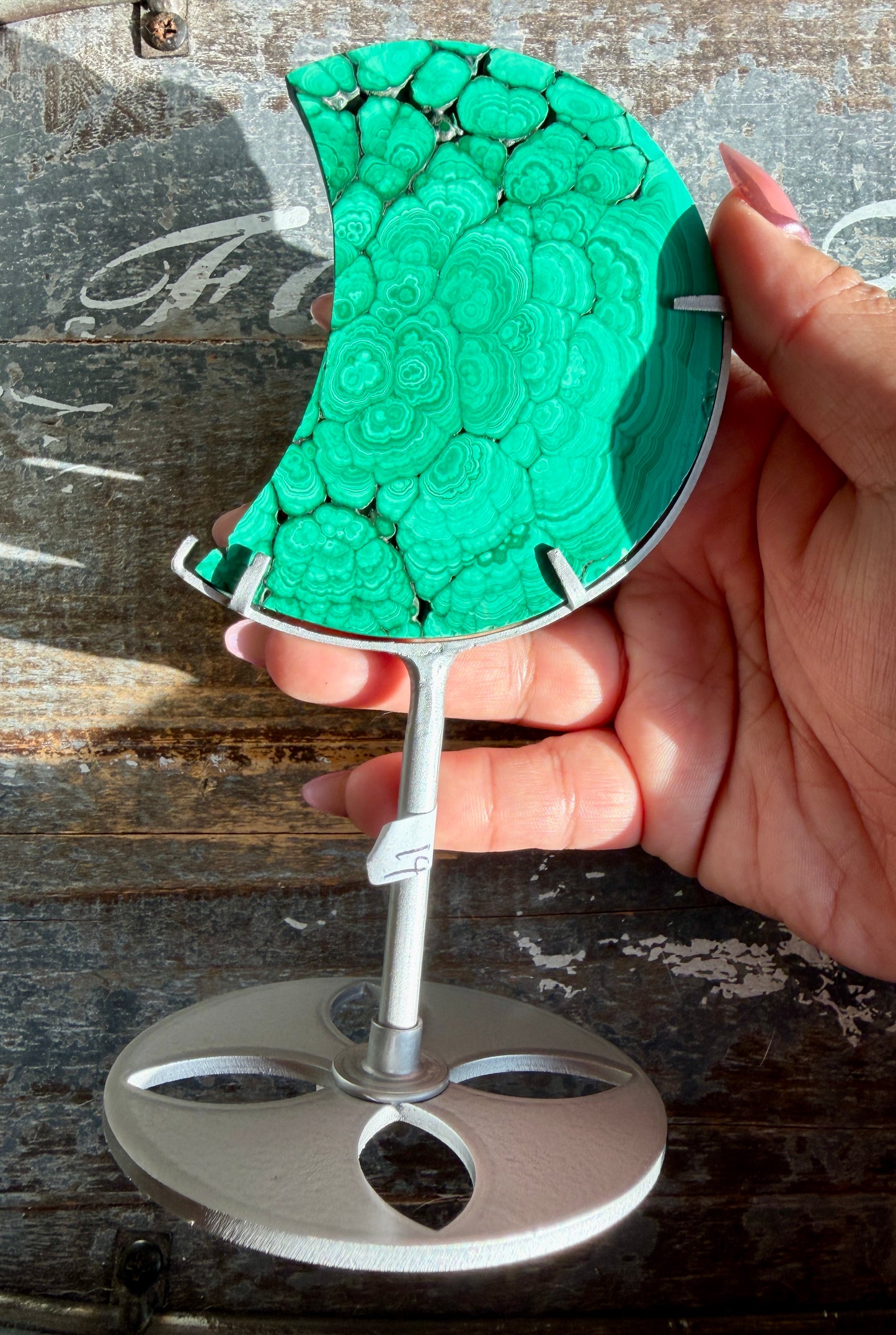 Gorgeous Malachite Moon with Silver Stand | Opt B