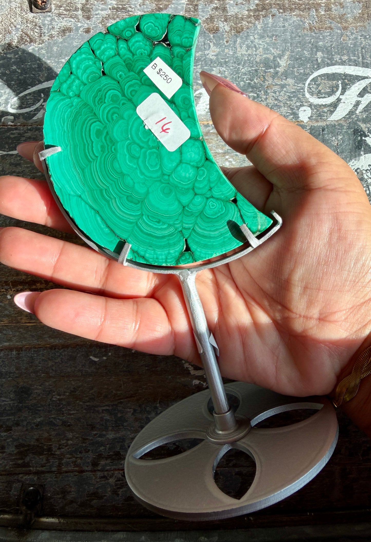 Gorgeous Malachite Moon with Silver Stand | Opt B