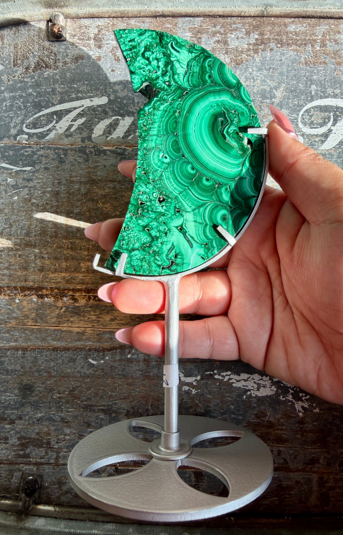 Gorgeous Malachite Moon with Silver Stand | Opt C