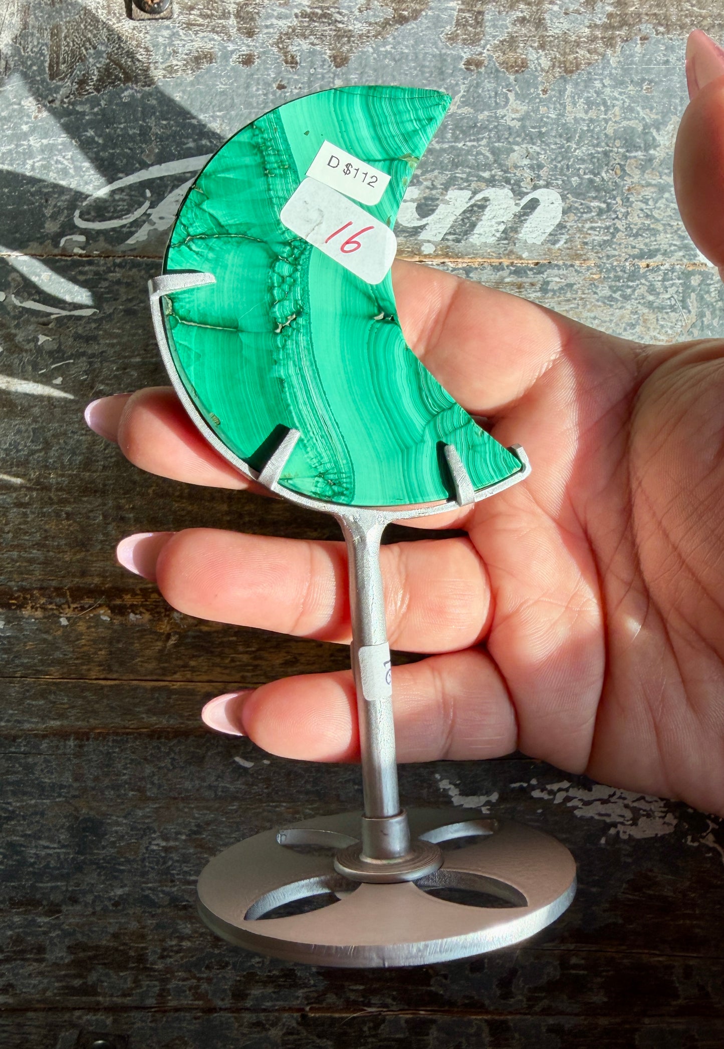 Gorgeous Malachite Moon with Silver Stand | Opt D