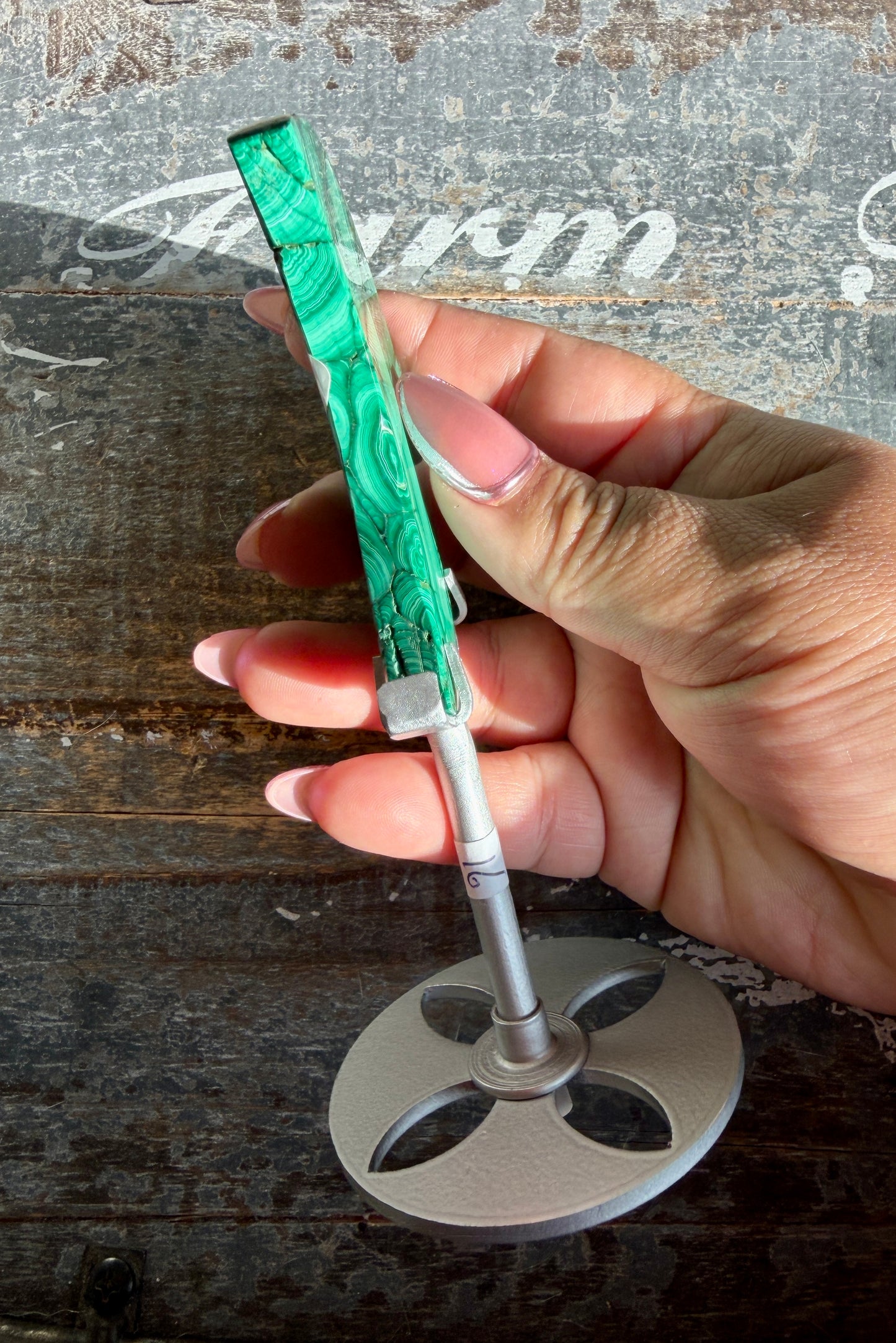 Gorgeous Malachite Moon with Silver Stand | Opt D