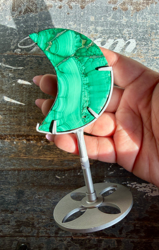 Gorgeous Malachite Moon with Silver Stand | Opt D