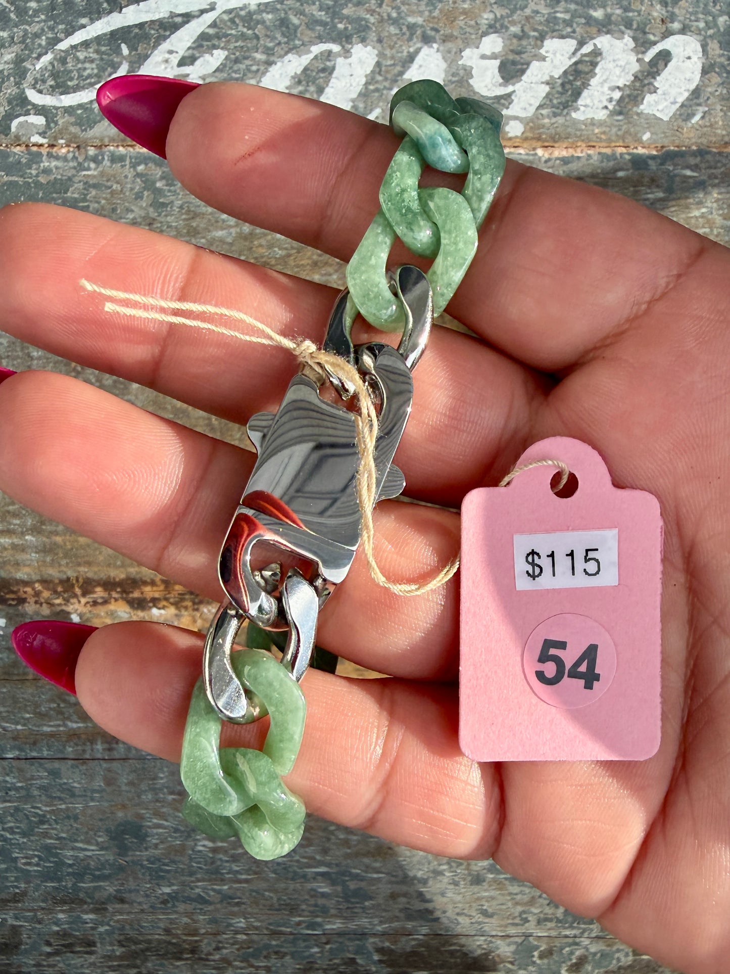 Gorgeous Hand-Carved Green Jade Chain Bracelet | 8" from Clasp to Clasp | Opt 54