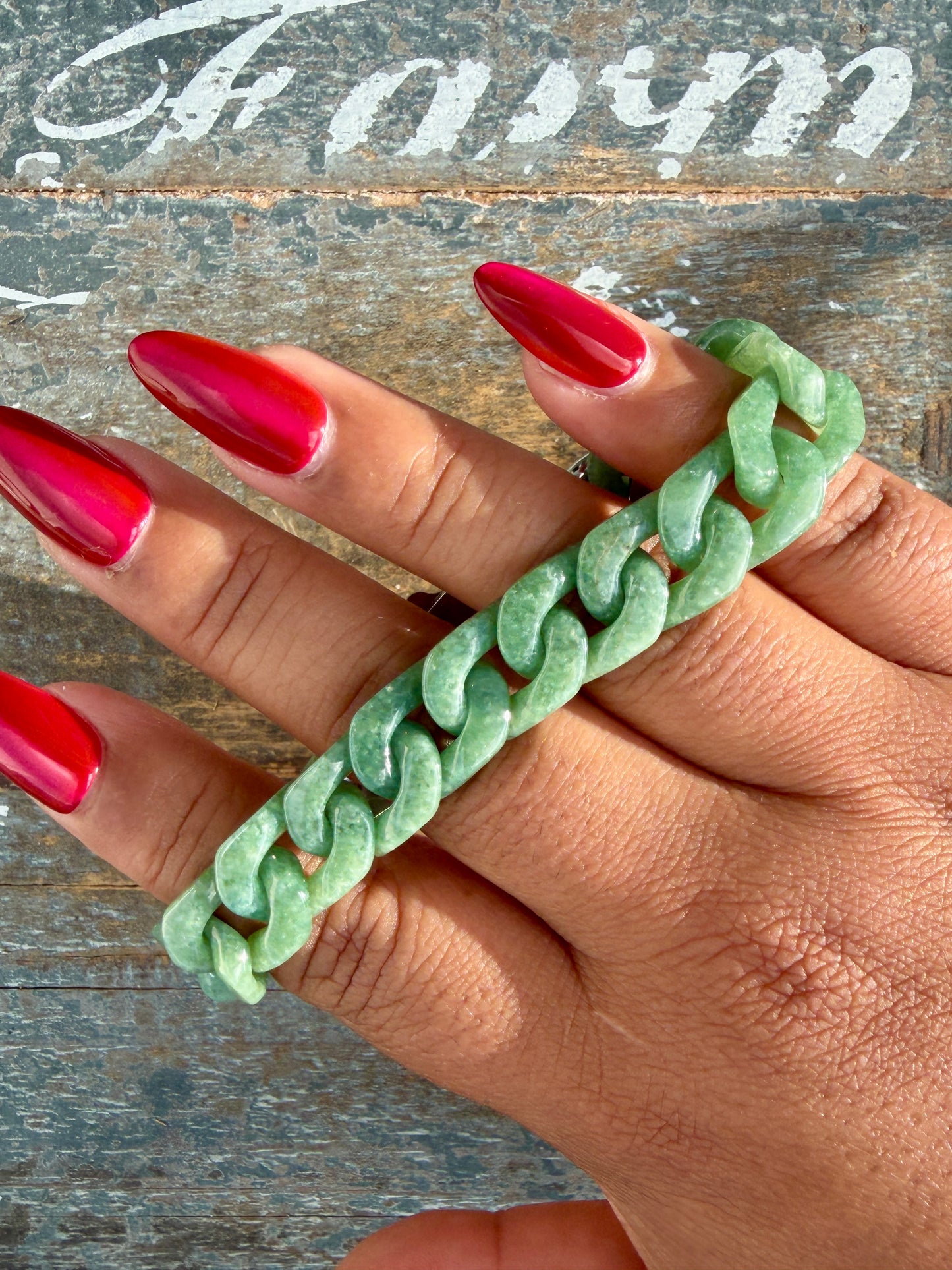 Gorgeous Hand-Carved Green Jade Chain Bracelet | 8" from Clasp to Clasp | Opt 54