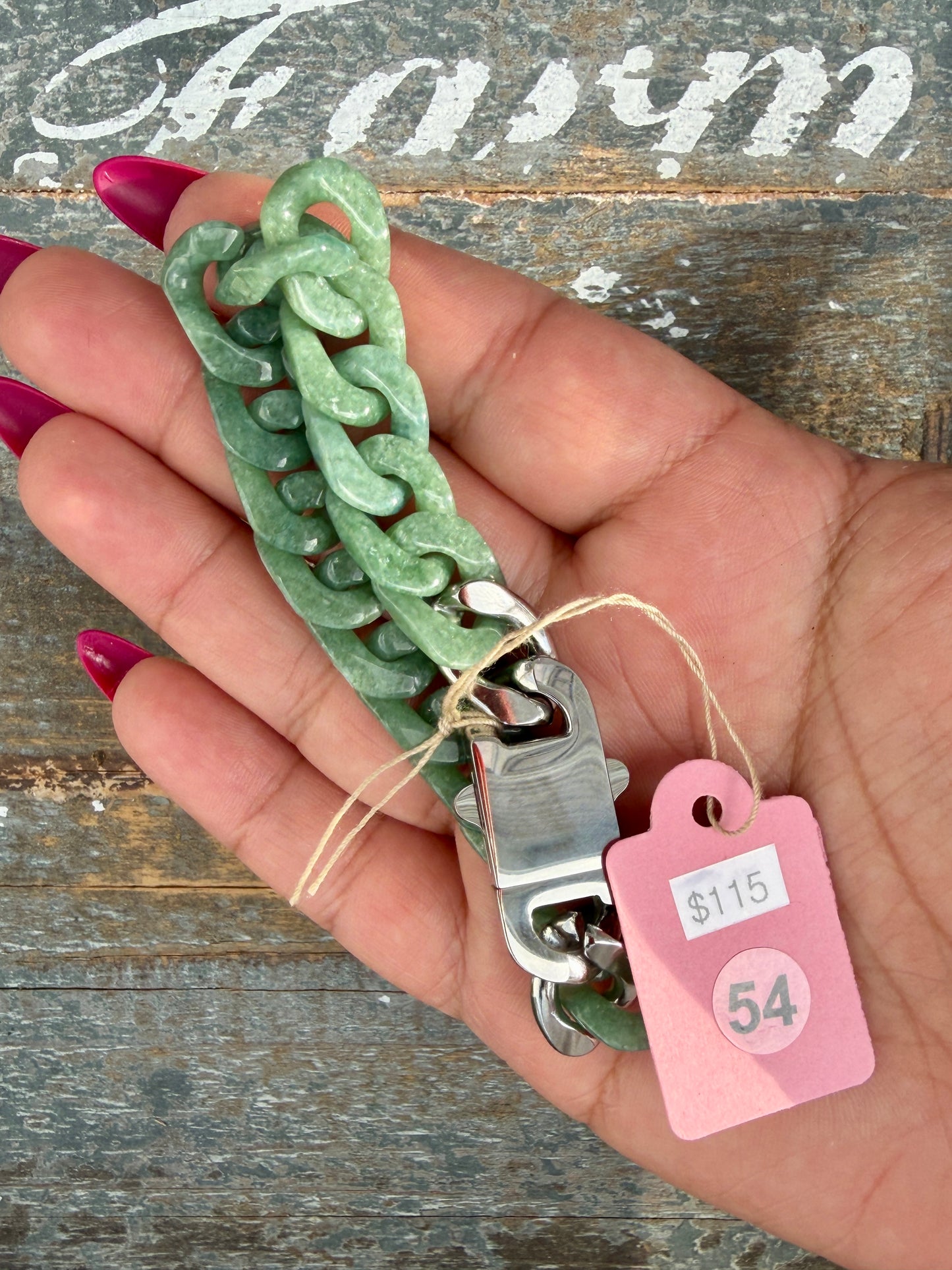 Gorgeous Hand-Carved Green Jade Chain Bracelet | 8" from Clasp to Clasp | Opt 54